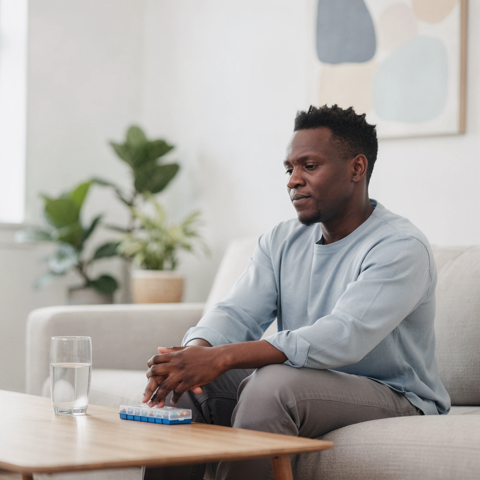 Man seated on a sofa in a consultation room – medication management in Havertown, PA
